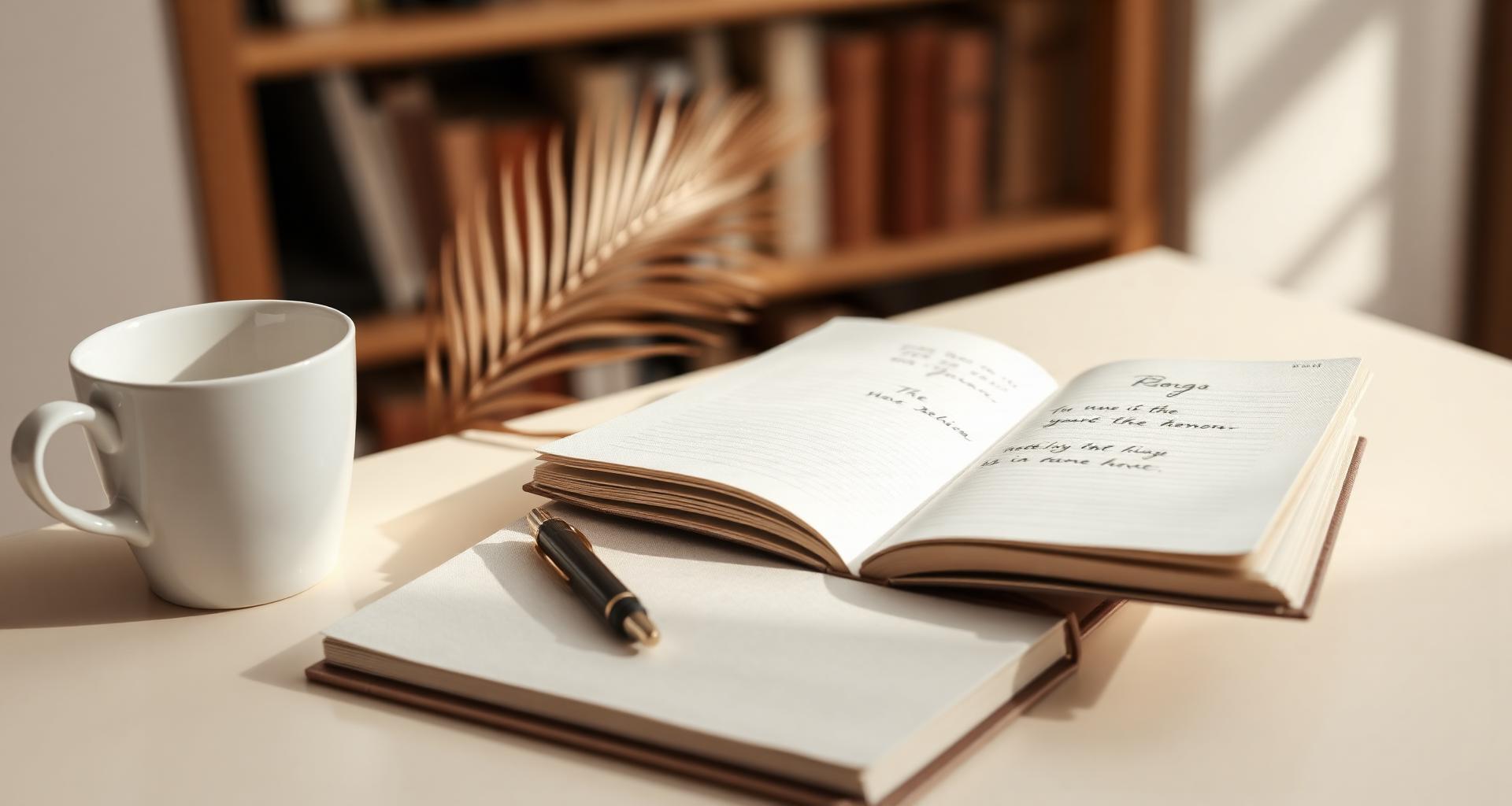 Caderno aberto com anotações, caneta e xícara em ambiente de estudo iluminado