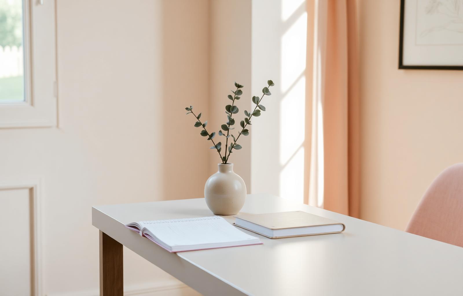 Mesa de atendimento organizada com caderno, vaso de eucalipto e luz natural suave
