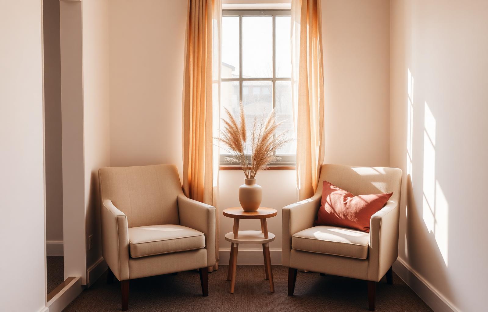 Espaço acolhedor com poltronas em linho, cortinas leves e luz natural